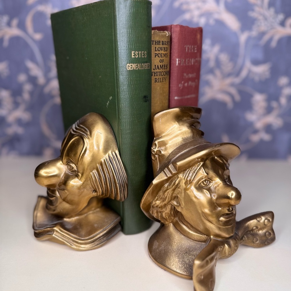 Vintage Estate Heavy Brass Clown Bust Bookends Pair | Sculptural Gold Tone Décor